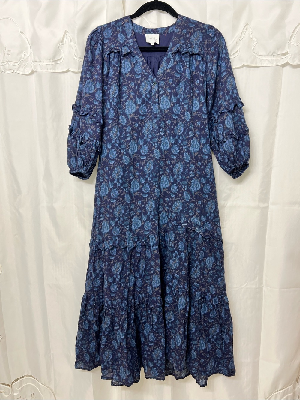 Sundays Felton Blue Floral Cotton Tiered Maxi Dress Ruffle Belt XS